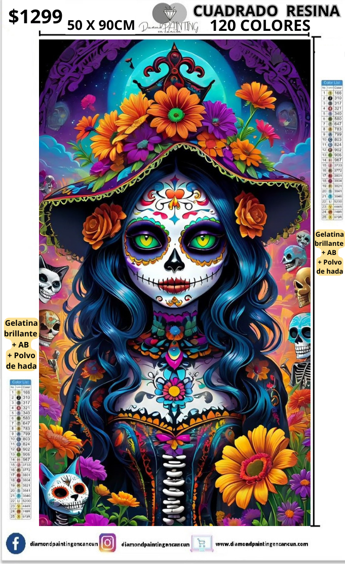 Catrina 50 x 90  Contiene DIAMANTES DE RESINA 120 COLORES: GELATINA BRILLANTE EN LA OSCURIDAD, AB Y POLVO DE HADA