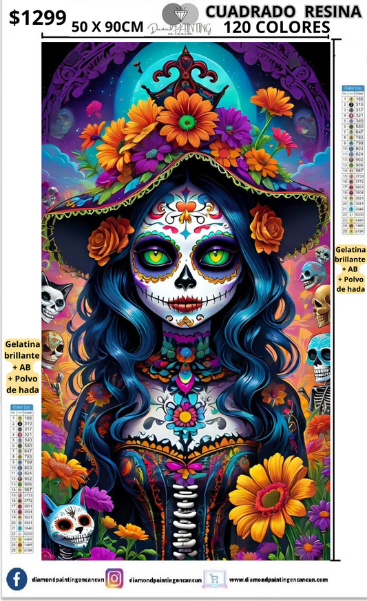 Catrina 50 x 90  Contiene DIAMANTES DE RESINA 120 COLORES: GELATINA BRILLANTE EN LA OSCURIDAD, AB Y POLVO DE HADA