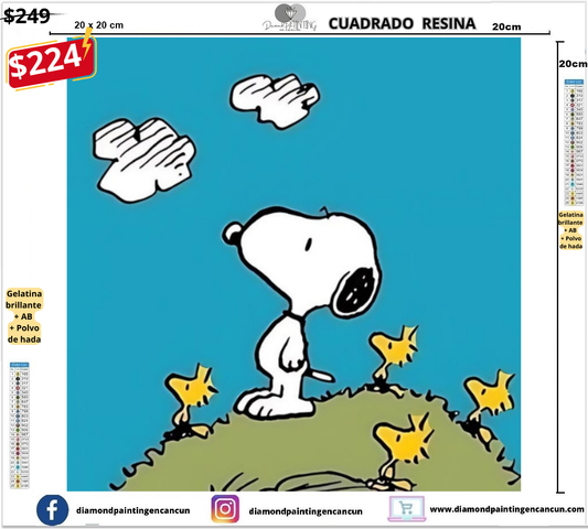 Snoopy 20 x 20cm Contiene DIAMANTES DE RESINA: GELATINA BRILLANTE EN LA OSCURIDAD, AB Y POLVO DE HADA