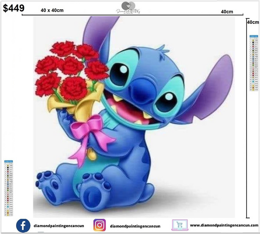 Stitch con ramo 40 x 40cm contiene Diamantes AB