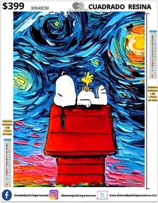 Snoopy noche estrellada 30 x 40cm Contiene DIAMANTES DE RESINA: GELATINA BRILLANTE EN LA OSCURIDAD, AB Y POLVO DE HADA