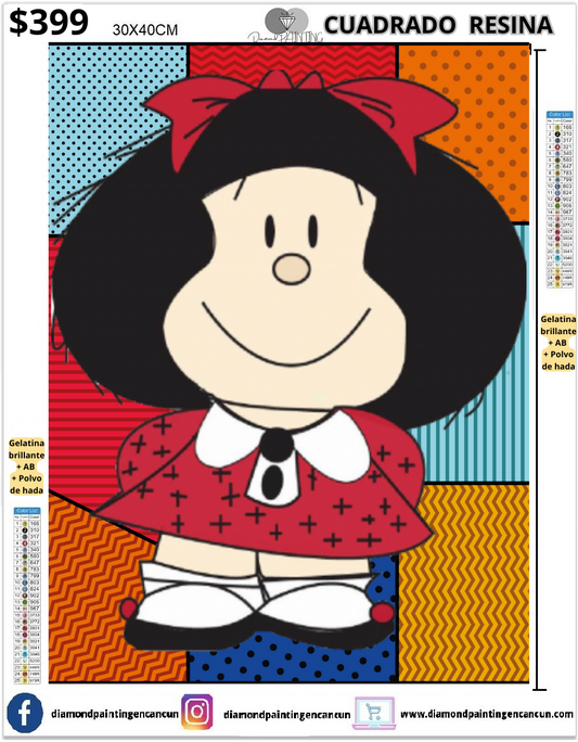 Mafalda 30 x 40cm  Contiene DIAMANTES DE RESINA: GELATINA BRILLANTE EN LA OSCURIDAD, AB Y POLVO DE HADA