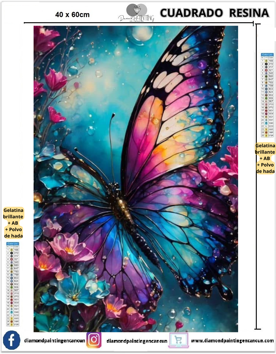 Mariposa 40 x 60 Contiene DIAMANTES DE RESINA: GELATINA BRILLANTE EN LA OSCURIDAD, AB Y POLVO DE HADA