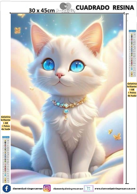 Gato blanco 30 x 45cm Contiene DIAMANTES DE RESINA: GELATINA BRILLANTE EN LA OSCURIDAD, AB Y POLVO DE HADA