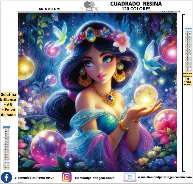 Jazmin 50 x 50  Contiene DIAMANTES DE RESINA 120 COLORES: GELATINA BRILLANTE EN LA OSCURIDAD, AB Y POLVO DE HADA