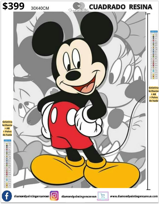 Mickey 30 x 40cm  Contiene DIAMANTES DE RESINA: GELATINA BRILLANTE EN LA OSCURIDAD, AB Y POLVO DE HADA