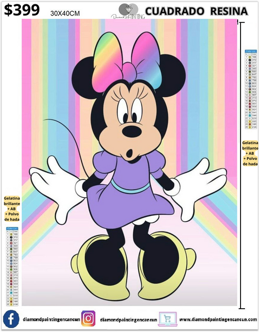 Minnie 30 x 40cm Contiene DIAMANTES DE RESINA: GELATINA BRILLANTE EN LA OSCURIDAD, AB Y POLVO DE HADA