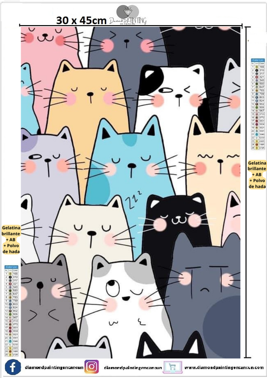 Gatitos 30 x 45 contiene DIAMANTES GELATINA BRILLANTE EN LA OSCURIDAD, AB Y POLVO DE HADA