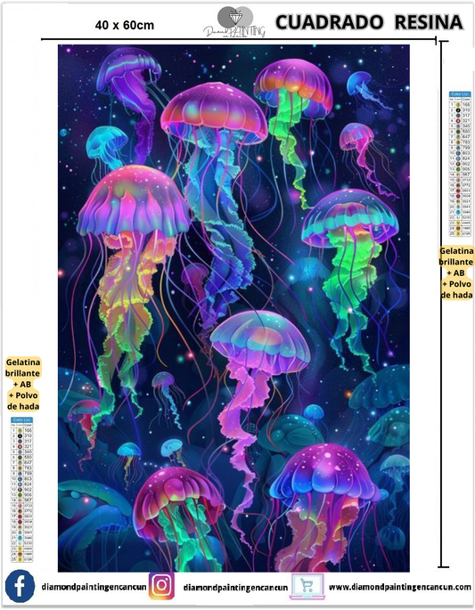 Medusas 40 x 60 Contiene DIAMANTES DE RESINA: GELATINA BRILLANTE EN LA OSCURIDAD, AB Y POLVO DE HADA