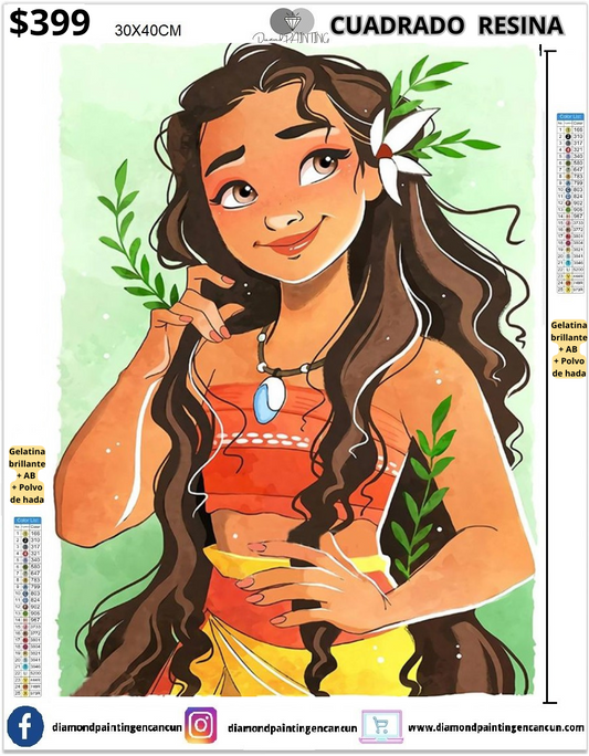 Moana 30 x 40cm Contiene DIAMANTES DE RESINA: GELATINA BRILLANTE EN LA OSCURIDAD, AB Y POLVO DE HADA