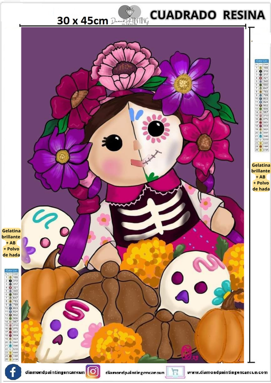 Lele catrina 30 x 45 Contiene DIAMANTES DE RESINA: GELATINA BRILLANTE EN LA OSCURIDAD, AB Y POLVO DE HADA