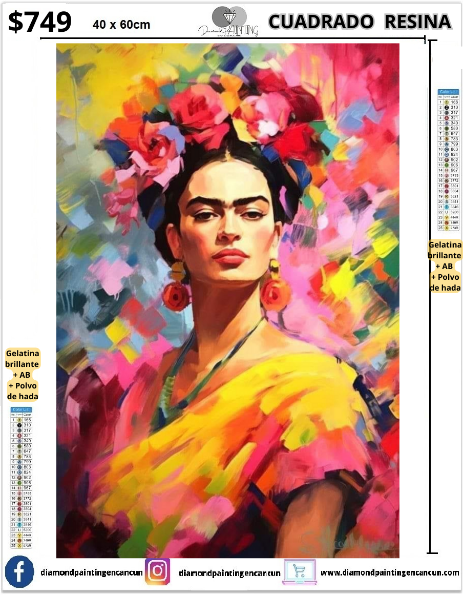 Frida 40 x 60cm  Contiene DIAMANTES DE RESINA: GELATINA BRILLANTE EN LA OSCURIDAD, AB Y POLVO DE HADA