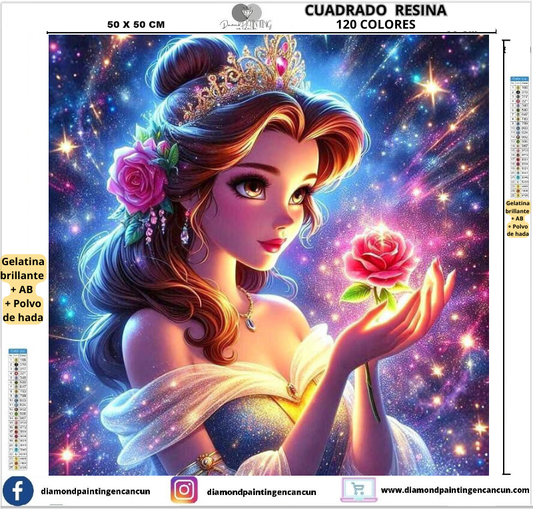 Bella 50 x 50 Contiene 120 DIAMANTES DE RESINA: GELATINA BRILLANTE EN LA OSCURIDAD, AB Y POLVO DE HADA
