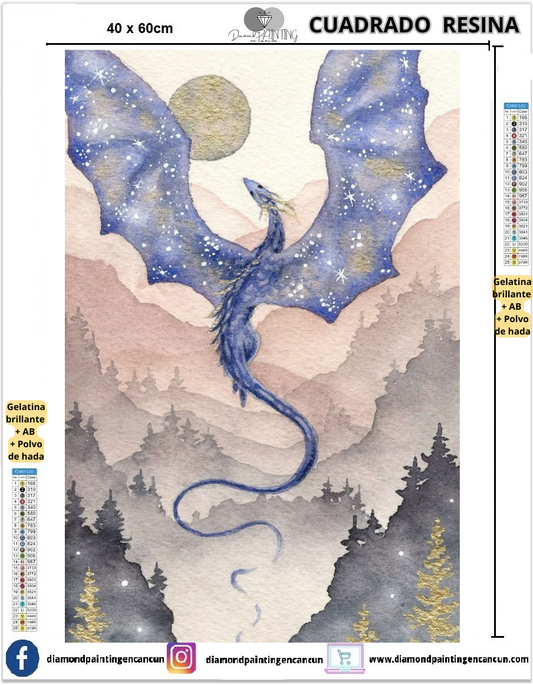 Dragón 40 x 60 Contiene DIAMANTES DE RESINA: GELATINA BRILLANTE EN LA OSCURIDAD, AB Y POLVO DE HADA