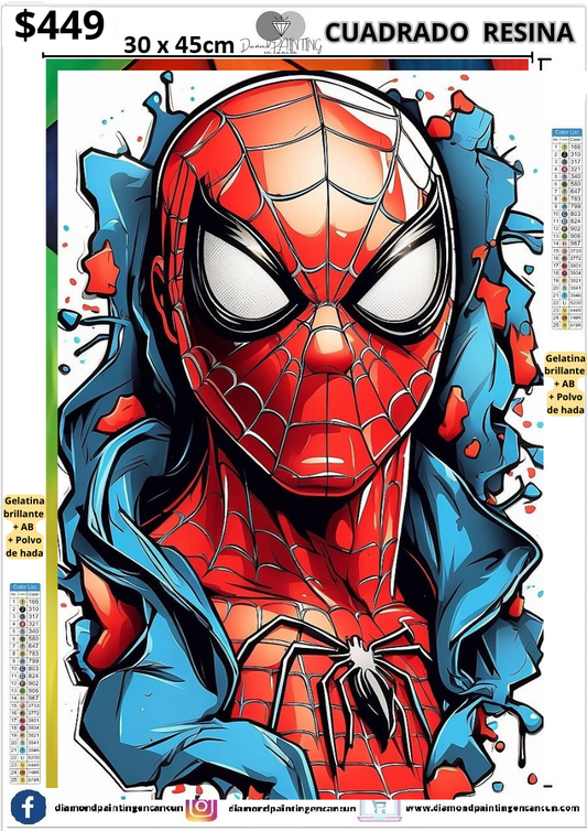 Spiderman 30 x 45cm Contiene DIAMANTES DE RESINA: GELATINA BRILLANTE EN LA OSCURIDAD, AB Y POLVO DE HADA