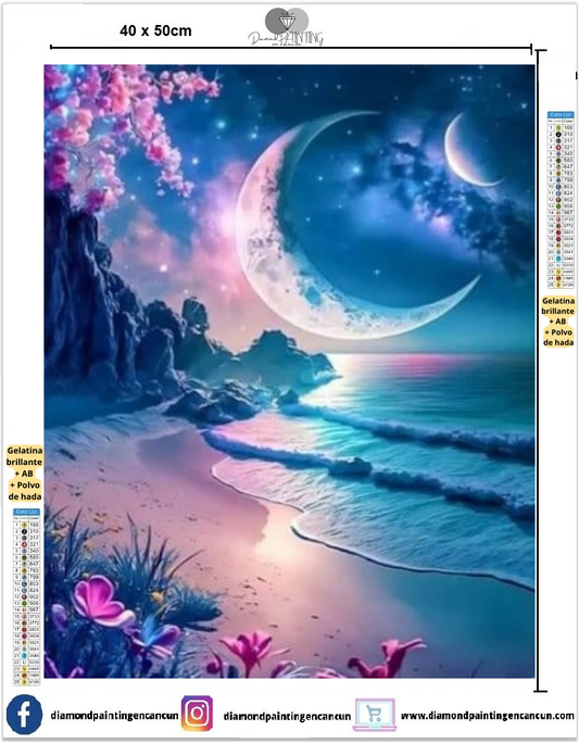 Paisaje playa y luna 40 x 50 contiene Diamante gelatina brillante en la oscuridad, ab y polvo de hada