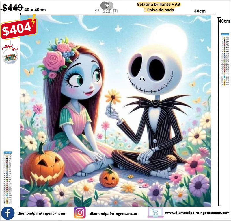 Jack y sally 40 x 40 contiene Diamante gelatina brillante en la oscuridad, ab y polvo de hada