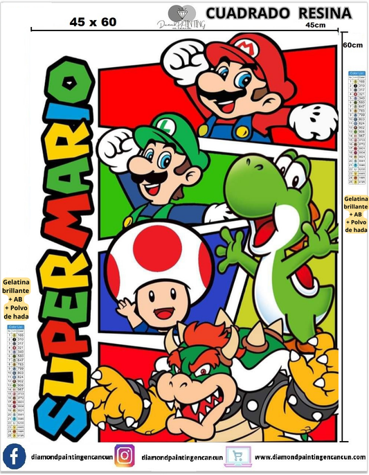 Mario 45 x 60 Contiene DIAMANTES DE RESINA: GELATINA BRILLANTE EN LA OSCURIDAD, AB Y POLVO DE HADA
