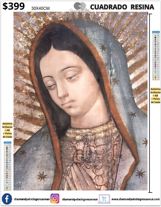 Rostro Virgen 30 x 40cm Contiene DIAMANTES DE RESINA: GELATINA BRILLANTE EN LA OSCURIDAD, AB Y POLVO DE HADA