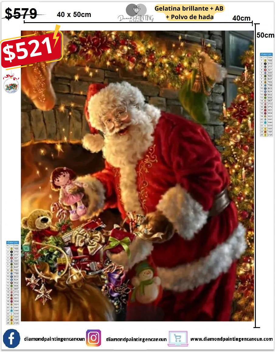 Santa 40 x 50 contiene Diamante gelatina brillante en la oscuridad, ab y polvo de hada