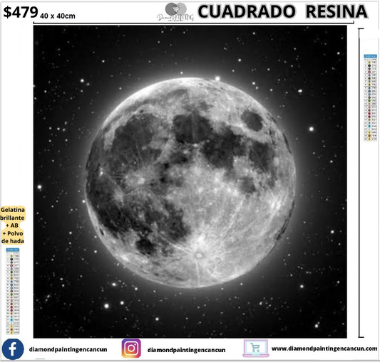 Luna llena 40 x 40cm Contiene DIAMANTES DE RESINA: GELATINA BRILLANTE EN LA OSCURIDAD, AB Y POLVO DE HADA