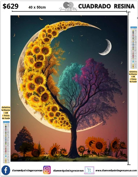 Arbol y luna 40 x 50cm Contiene DIAMANTES DE RESINA: GELATINA BRILLANTE EN LA OSCURIDAD, AB Y POLVO DE HADA