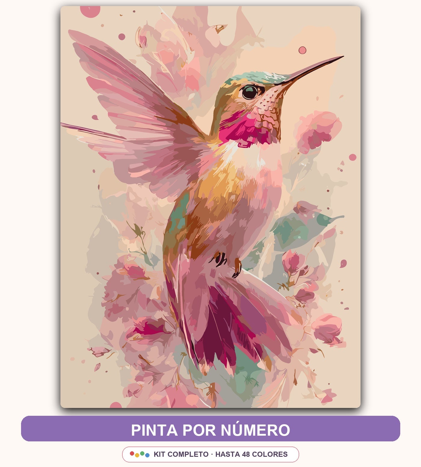 Colibrí Rosa entre Flores | 30 x 40 cm