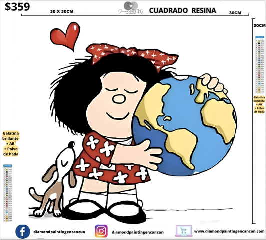 Mafalda 30 x 30cm Contiene DIAMANTES DE RESINA: GELATINA BRILLANTE EN LA OSCURIDAD, AB Y POLVO DE HADA