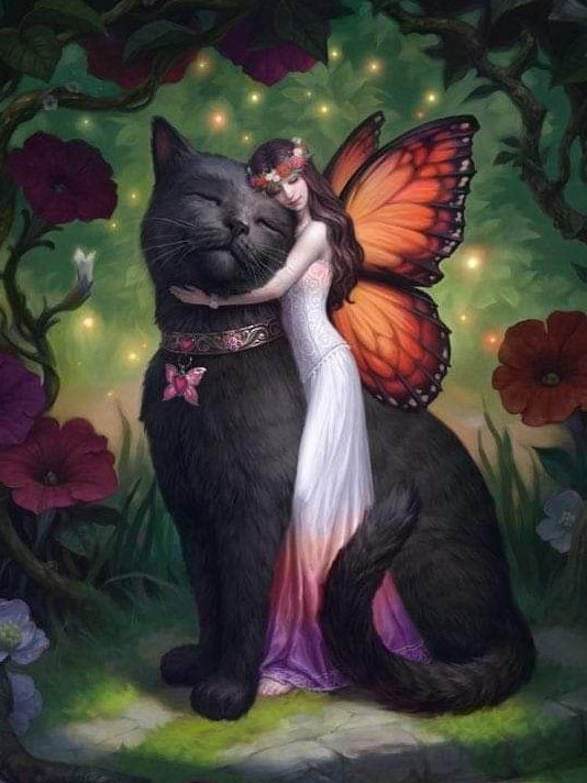 Hada y gatito 30 x 40 contiene DIAMANTE GELATINA BRILLANTE EN LA OSCURIDAD, AB Y POLVO DE HADA