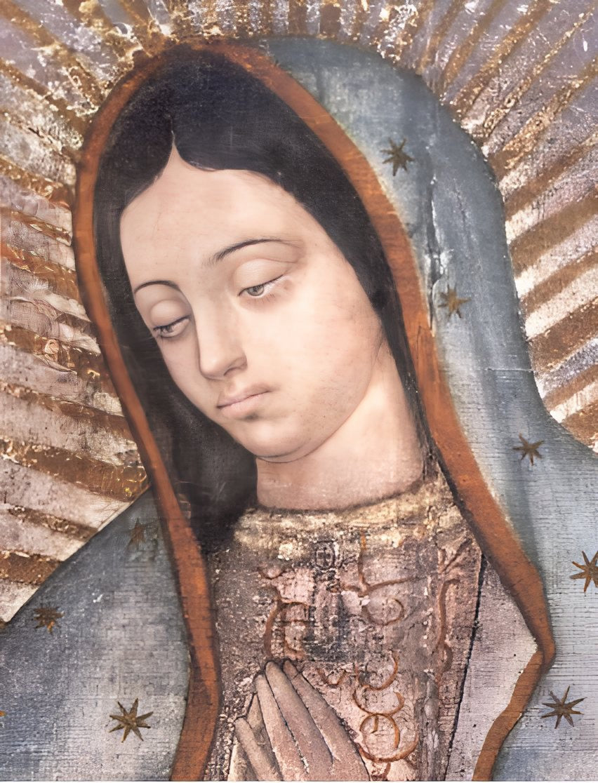 Rostro Virgen 30 x 40cm Contiene DIAMANTES DE RESINA: GELATINA BRILLANTE EN LA OSCURIDAD, AB Y POLVO DE HADA