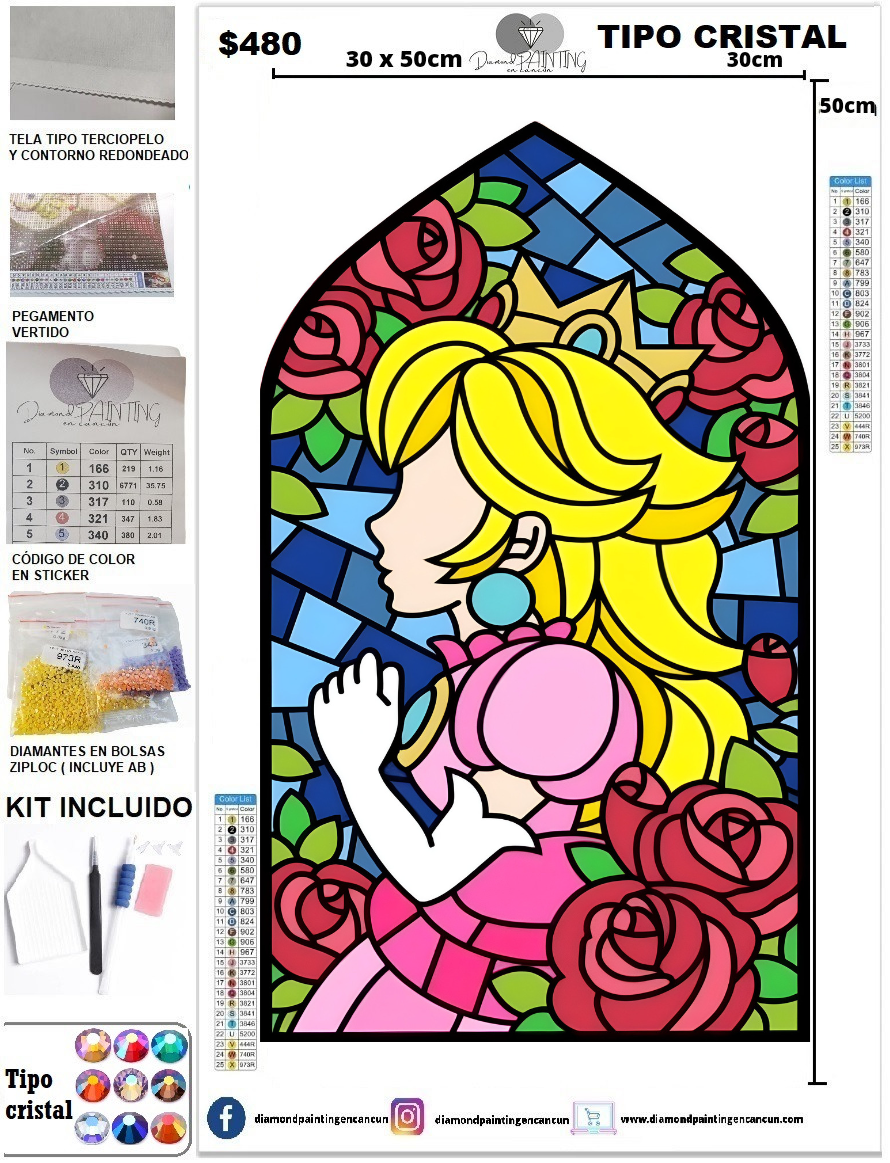 Princesa Peach 30 x 50cm Diamante TIPO CRISTAL