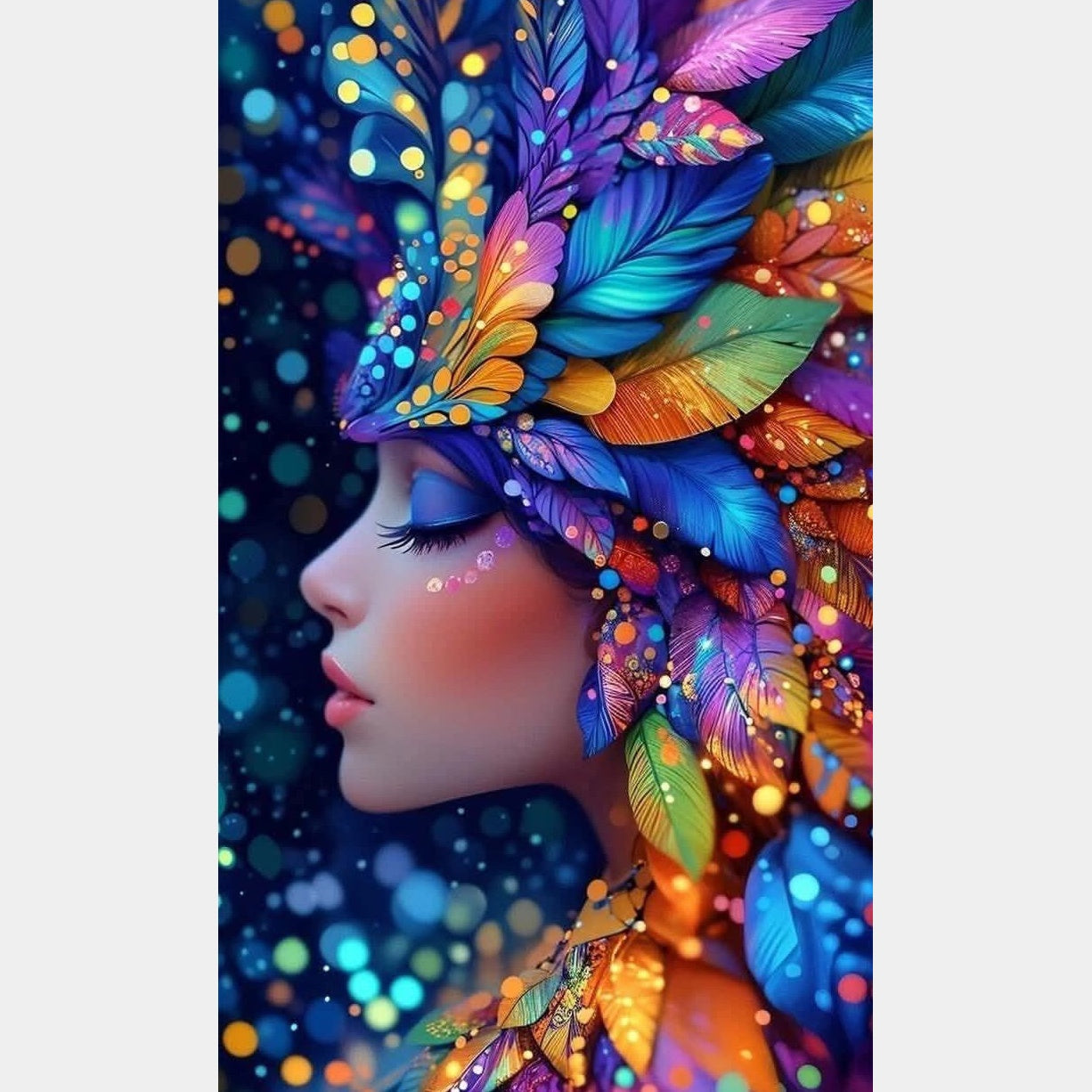 Chica plumas coloridas 30 x 50