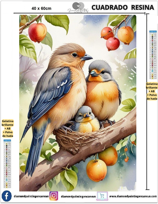 Aves 40 x 60 Contiene DIAMANTES DE RESINA: GELATINA BRILLANTE EN LA OSCURIDAD, AB Y POLVO DE HADA