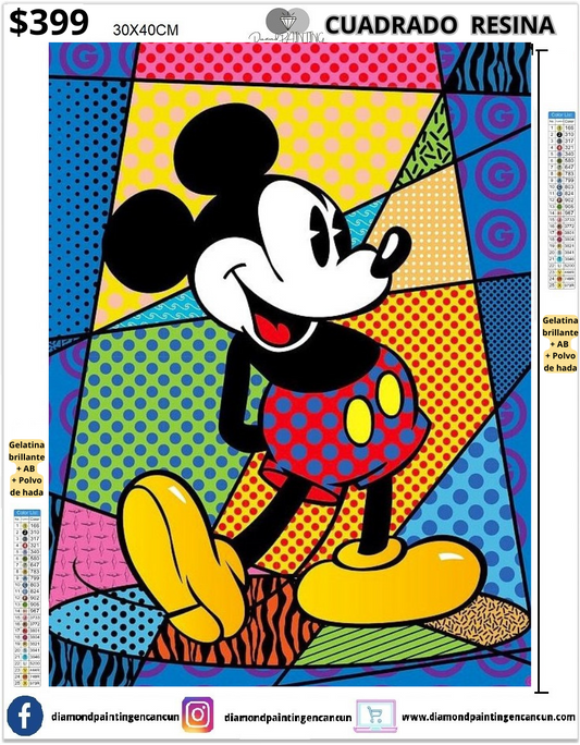 Mickey colorido 30 x 40cm Contiene DIAMANTES DE RESINA: GELATINA BRILLANTE EN LA OSCURIDAD, AB Y POLVO DE HADA