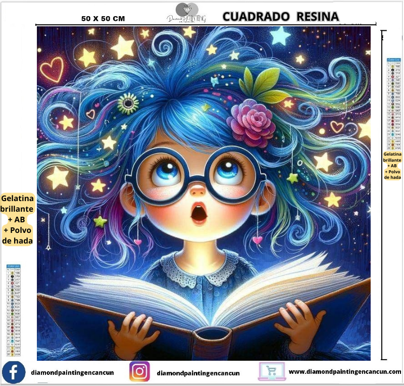 Chica magia de la lectura 50 x 50 Contiene DIAMANTES DE RESINA: GELATINA BRILLANTE EN LA OSCURIDAD, AB Y POLVO DE HADA