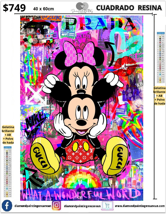 Mickey y mminnie 40 x 60cm Contiene DIAMANTES DE RESINA: GELATINA BRILLANTE EN LA OSCURIDAD, AB Y POLVO DE HADA