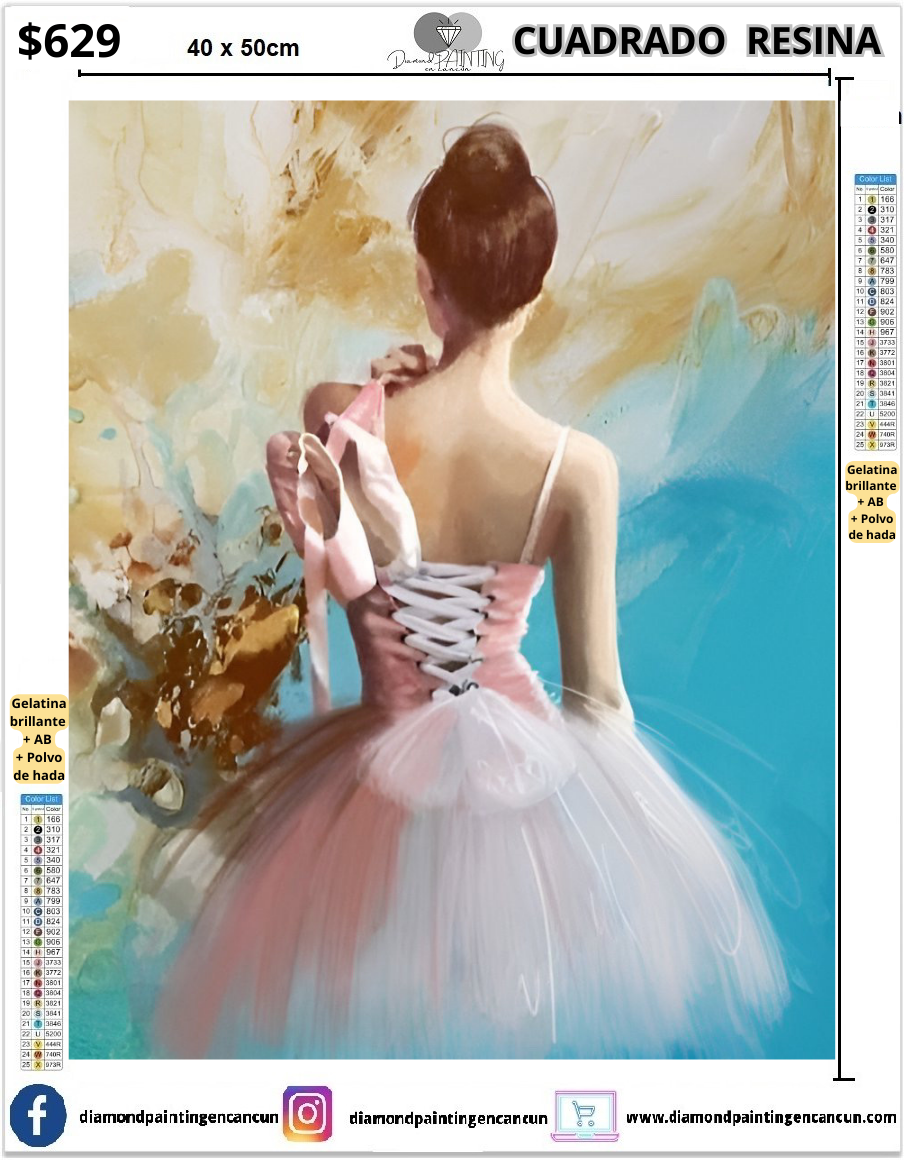 Bailarina 40 x 50cm Contiene DIAMANTES DE RESINA: GELATINA BRILLANTE EN LA OSCURIDAD, AB Y POLVO DE HADA