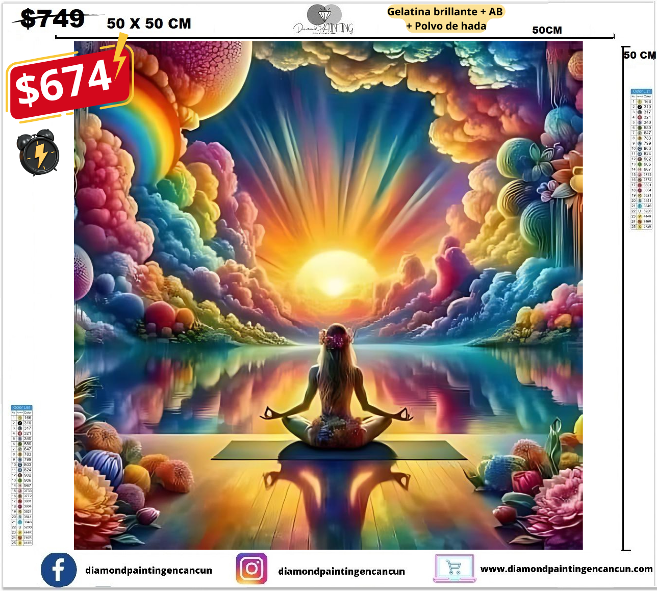 Meditación 50 x 50 contiene Diamante gelatina brillante en la oscuridad, ab y polvo de hada