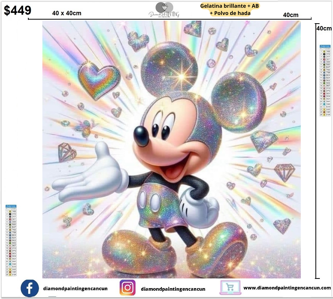 Mickey brillante 40 x 40 contiene Diamante gelatina brillante en la oscuridad, ab y polvo de hada