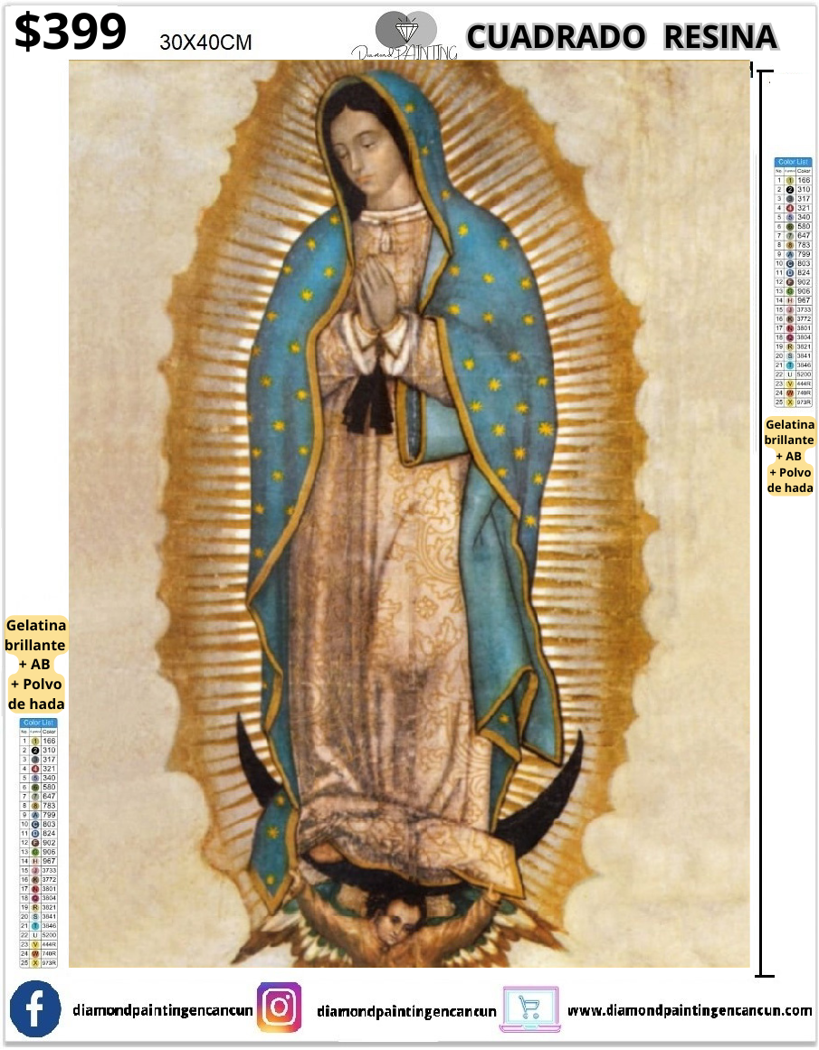 Virgen 30 x 40 Contiene DIAMANTES DE RESINA: GELATINA BRILLANTE EN LA OSCURIDAD, AB Y POLVO DE HADA