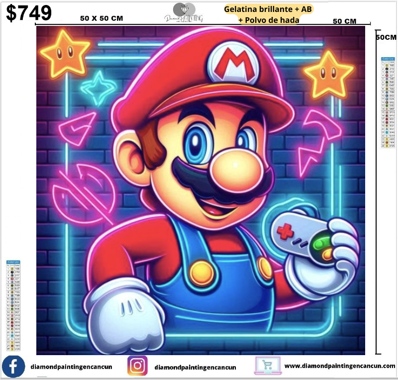 Mario 50 x 50 contiene Diamante gelatina brillante en la oscuridad, ab y polvo de hada