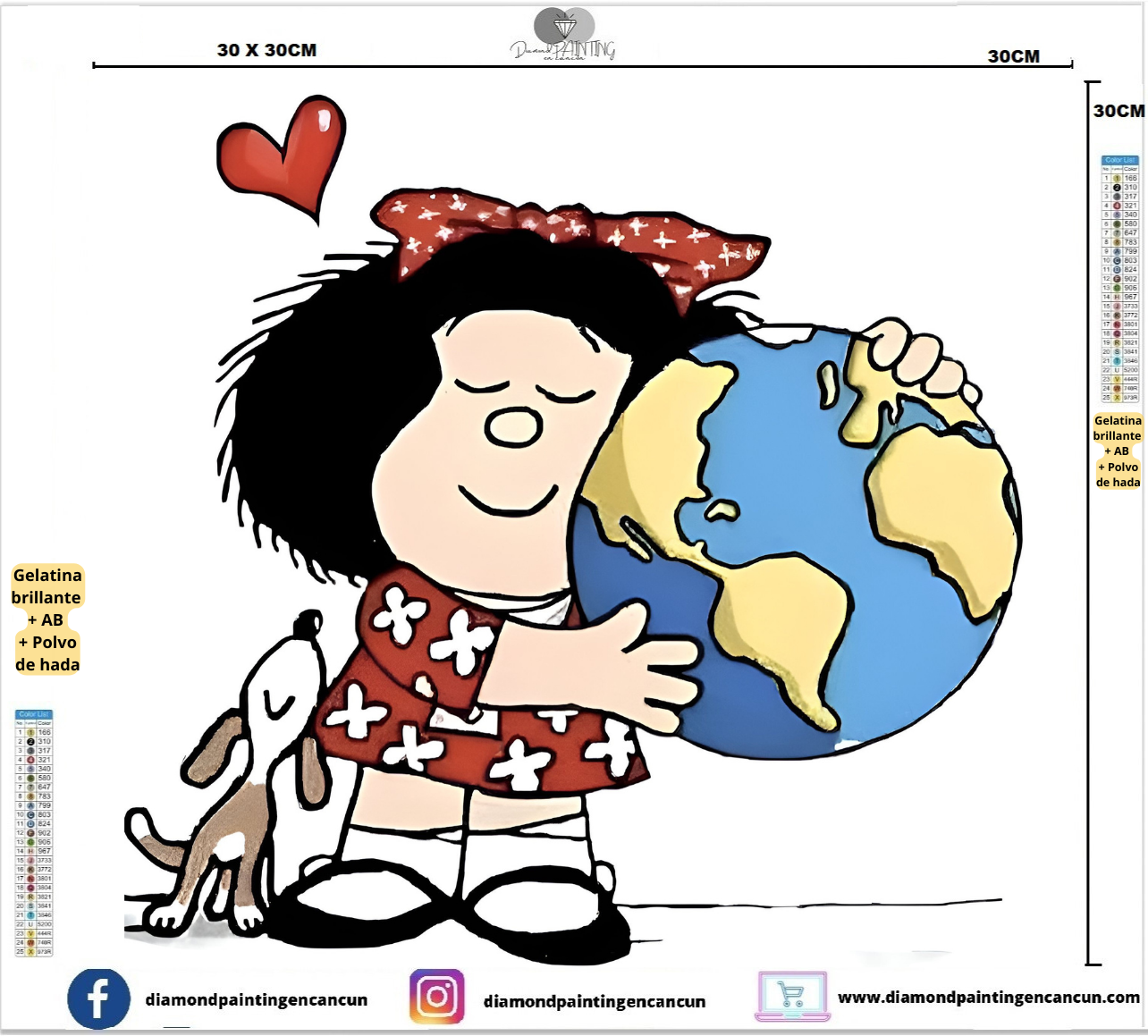 Mafalda 30 x 30 contiene DIAMANTE GELATINA BRILLANTE EN LA OSCURIDAD, AB Y POLVO DE HADA