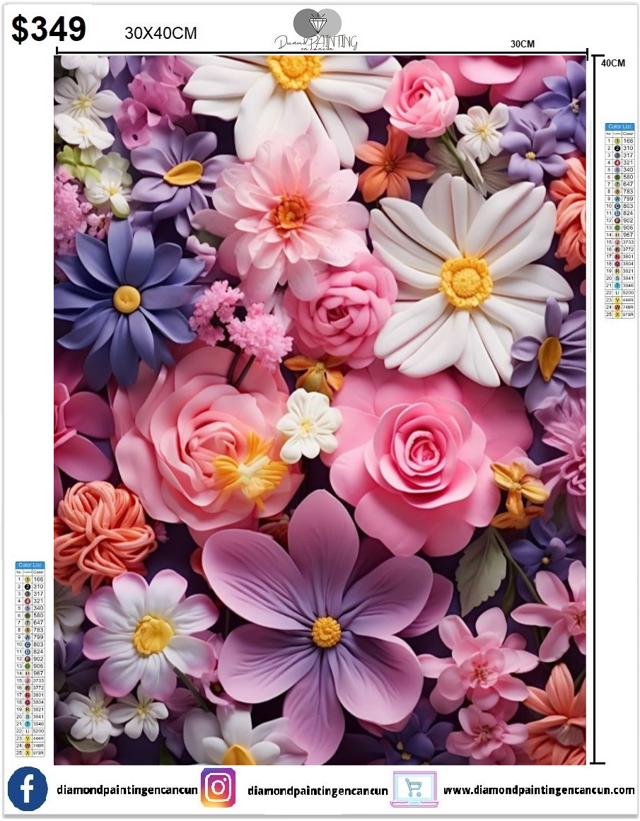 Flores colores 30 x 40cm contiene DIAMANTES AB Y POLVO DE HADAS