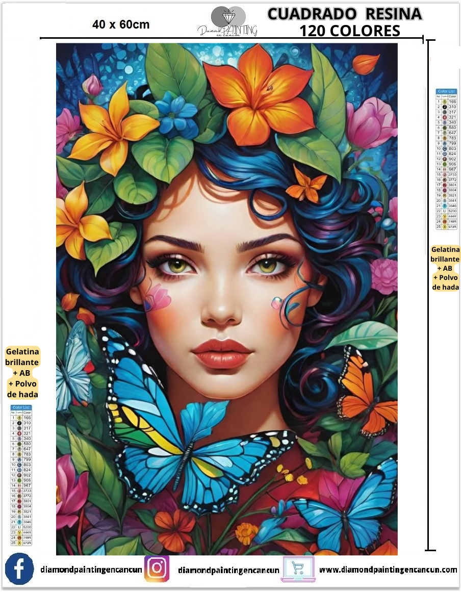 Mujer flores y mariposas 40 x 60 Contiene DIAMANTES DE RESINA 120 COLORES: GELATINA BRILLANTE EN LA OSCURIDAD, AB Y POLVO DE HADA