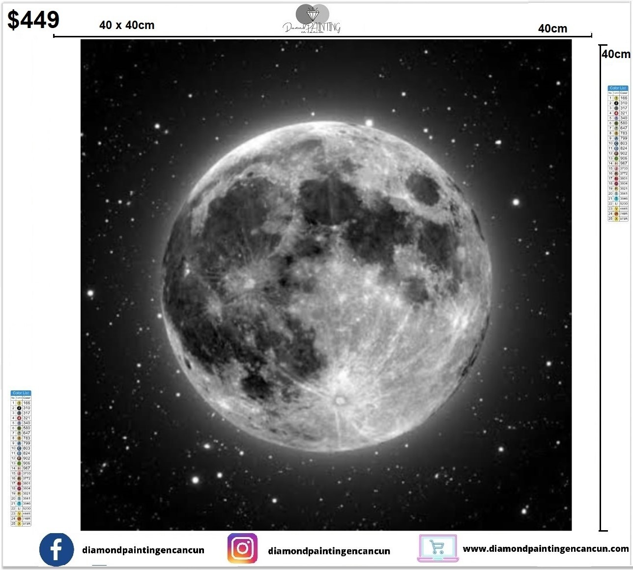 Luna llena 40 x 40cm contiene Diamantes GELATINA BRILLANTE EN LA OSCURIDAD, AB Y POLVO DE HADA