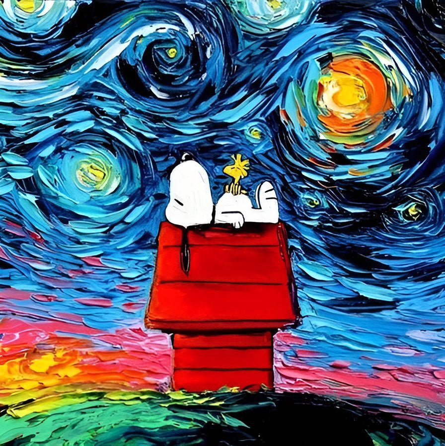 Snoopy noche estrellada 40 x 40cm Contiene DIAMANTES DE RESINA: GELATINA BRILLANTE EN LA OSCURIDAD, AB Y POLVO DE HADA