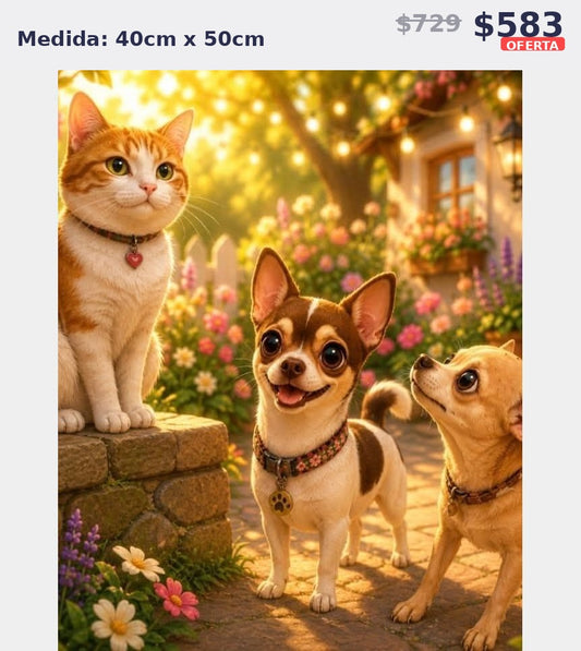 gato y perros jardin 40 x 50 | Aparta con $100 / Resta $483