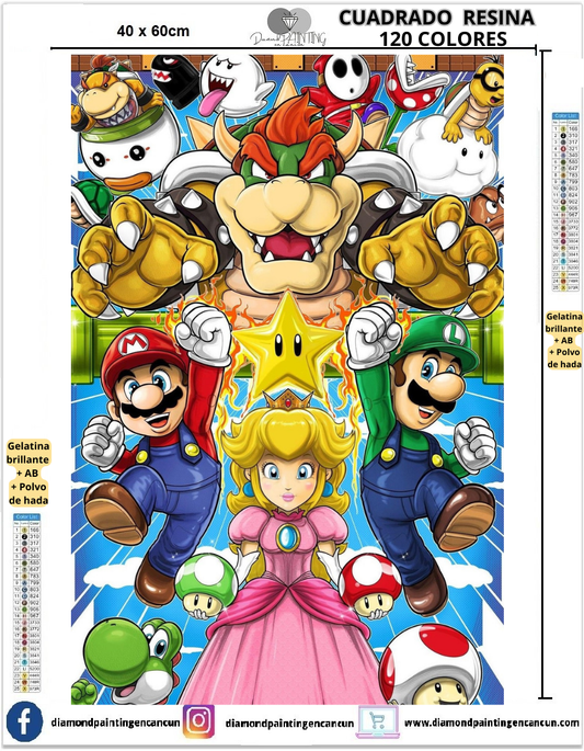 Mario Bros 40 x 60 Contiene 120 DIAMANTES DE RESINA: GELATINA BRILLANTE EN LA OSCURIDAD, AB Y POLVO DE HADA