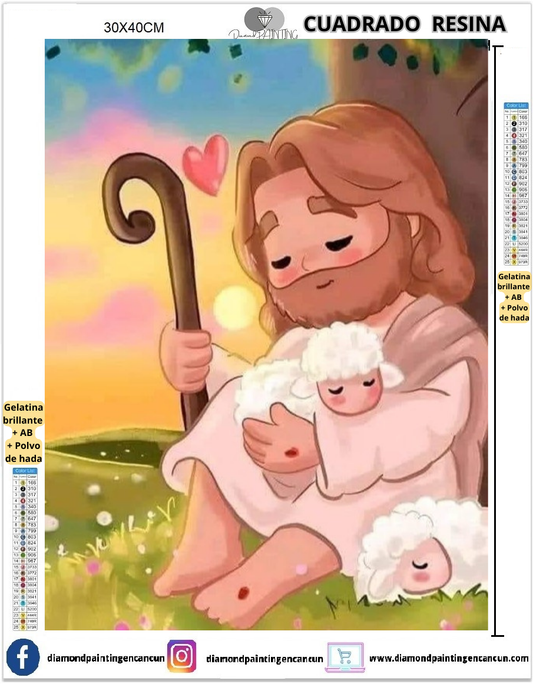 Jesus pastor 30 x 40cm Contiene DIAMANTES DE RESINA: GELATINA BRILLANTE EN LA OSCURIDAD, AB Y POLVO DE HADA