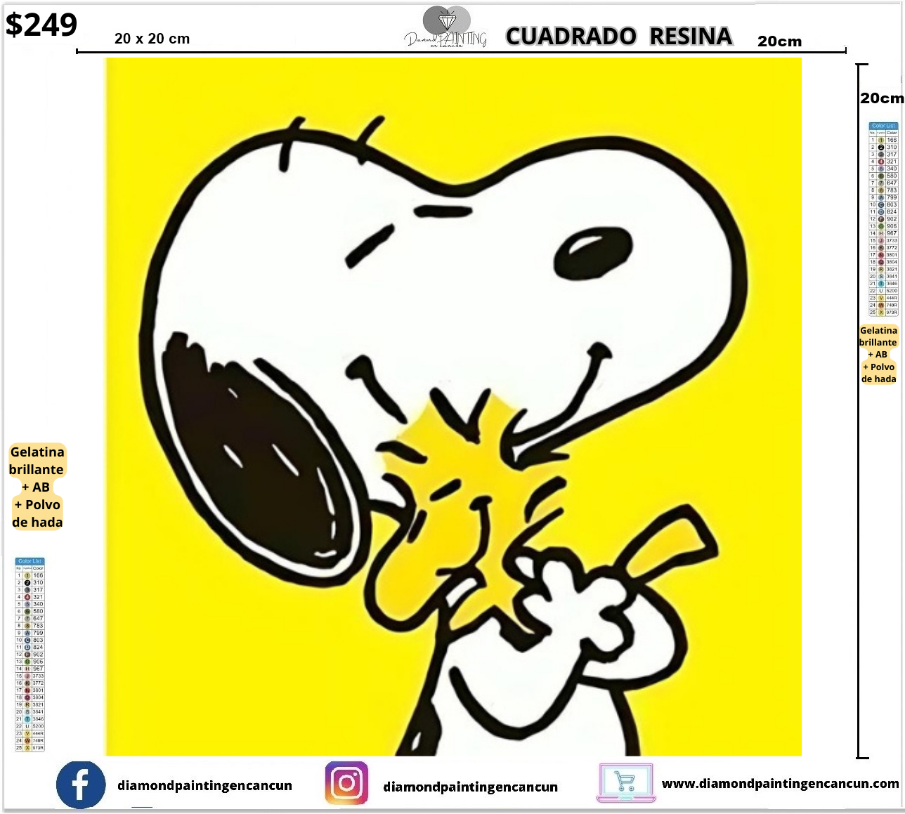 Snoopy amarillo 20 x 20cm Contiene DIAMANTES DE RESINA: GELATINA BRILLANTE EN LA OSCURIDAD, AB Y POLVO DE HADA